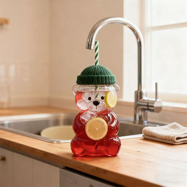 Holiday Bear Glass Cup with Straw, Cute Bear Cold Drink Cup, Festive Coffee & Beverage Glass, Adorable Bear Cup with Green Hat Lid, 2025 Seasonal Drinkware