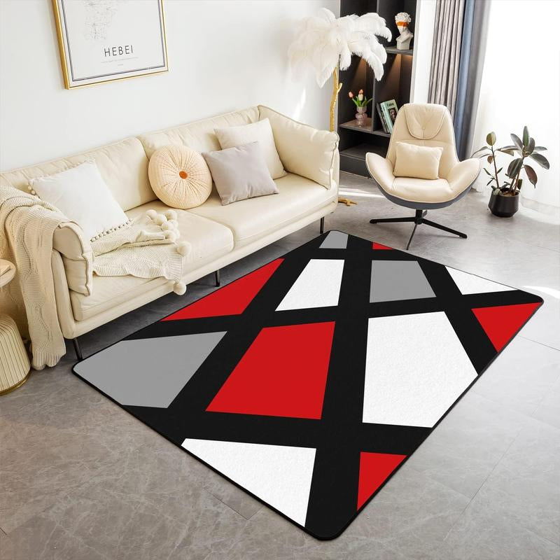 Area Rug,Geometric Strip Lines Accent Rug for Home Living Room Decor,Reversible Modern Abstract Plaid Black White Grey Red Decorative Carpet