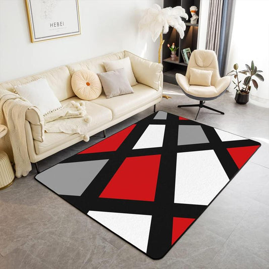 Area Rug,Geometric Strip Lines Accent Rug for Home Living Room Decor,Reversible Modern Abstract Plaid Black White Grey Red Decorative Carpet