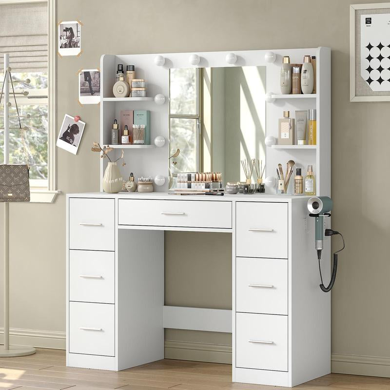 7 Drawers Vanity Desk with Mirror and Lights, Makeup Vanity Table with Power Outlets, 7 Drawers and 6 Open Shelves, 3 Lighting Modes and Adjustable Brightness, Dressing Table for Bedroom, White