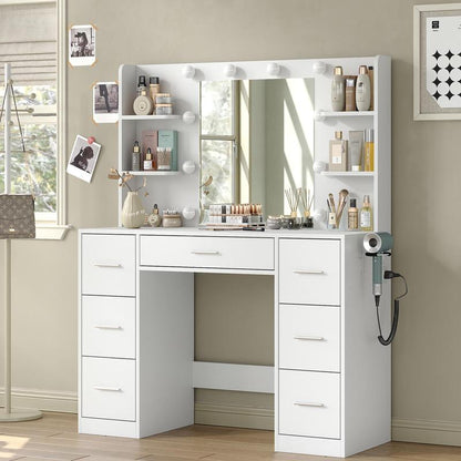7 Drawers Vanity Desk with Mirror and Lights, Makeup Vanity Table with Power Outlets, 7 Drawers and 6 Open Shelves, 3 Lighting Modes and Adjustable Brightness, Dressing Table for Bedroom, White