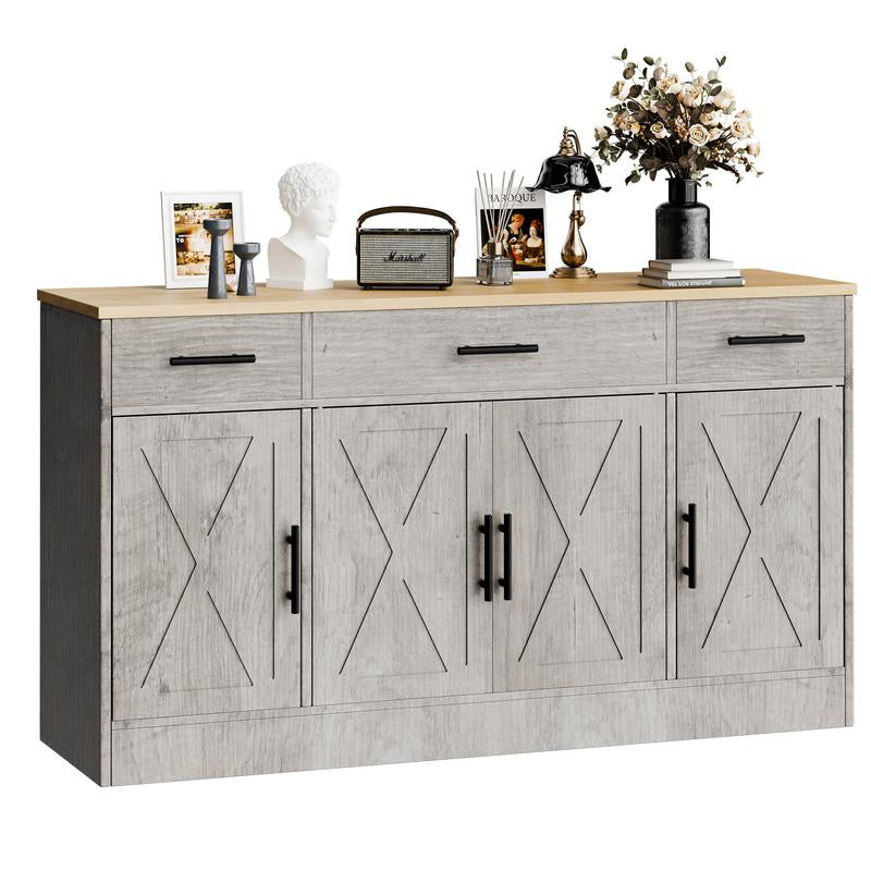 Walsunny Kitchen Buffet Sideboard Cabinet with 4 Doors and 3 Drawers, Entryway Adjustable Storage Pantry Shelf, Farmhouse Coffee Bar Cabinet for Kitchen, Grey