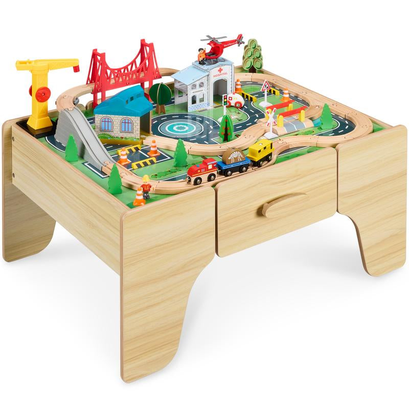 Wooden Train Set Table for Toddlers, 56Pc Multi-Activity Table for Kids W/Toy Storage Drawer & Reversible Top