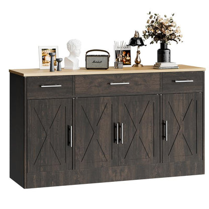 Walsunny Kitchen Buffet Sideboard Cabinet with 4 Doors and 3 Drawers, Entryway Adjustable Storage Pantry Shelf, Farmhouse Coffee Bar Cabinet for Kitchen, Grey