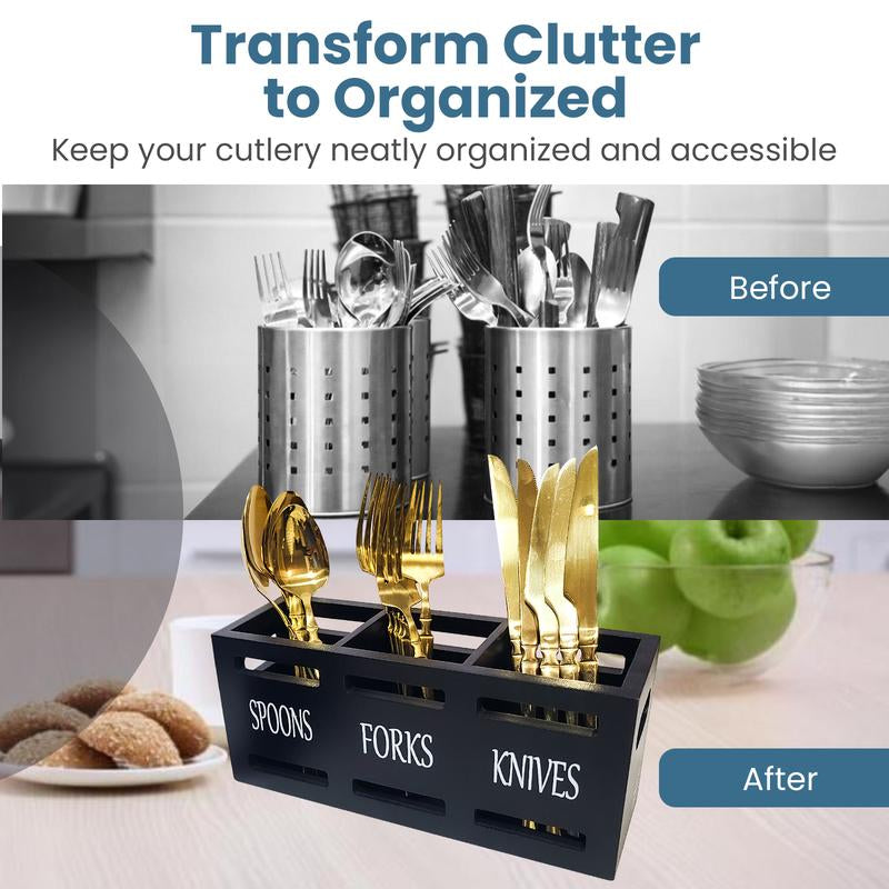 Wooden Utensil Holder - Utensil Caddy, Cutlery Organizer for Kitchen Countertop, Silverware Holder, Flatware Caddy for Party & Kitchen with Salt and Pepper Shakers