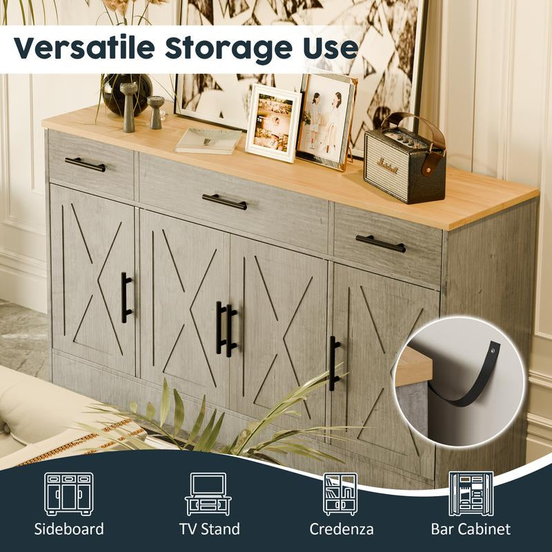 Walsunny Kitchen Buffet Sideboard Cabinet with 4 Doors and 3 Drawers, Entryway Adjustable Storage Pantry Shelf, Farmhouse Coffee Bar Cabinet for Kitchen, Grey