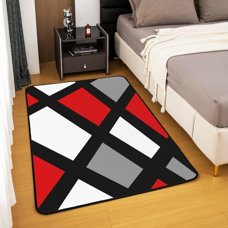 Area Rug,Geometric Strip Lines Accent Rug for Home Living Room Decor,Reversible Modern Abstract Plaid Black White Grey Red Decorative Carpet