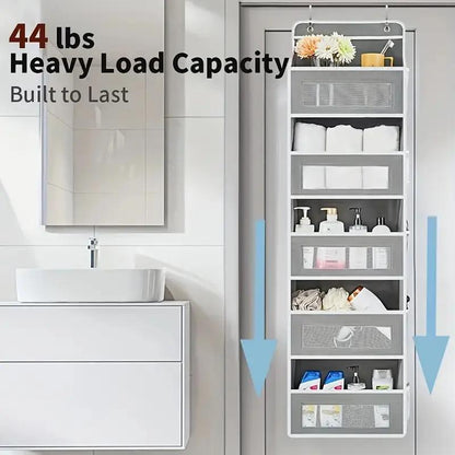 Over the Door Hanging Organizer, Heavy Duty 5-Tier Storage Rack with 10 Large Clear & Mesh Pockets, Space Saving Anti-Tilt Design for Bedroom, Bathroom, Nursery, Dorm, Closet, Grey