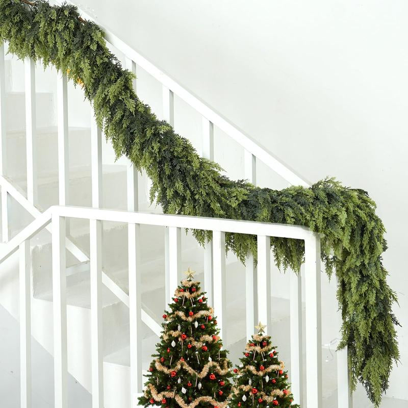 9FT 1Pcs Artificial Cedar Garlands, Real Touch Winter Cedar Garland, Green Artificial Greenery Pine Garland for Table, Mantle, Wall, Indoor, Outdoor Christmas Decorations