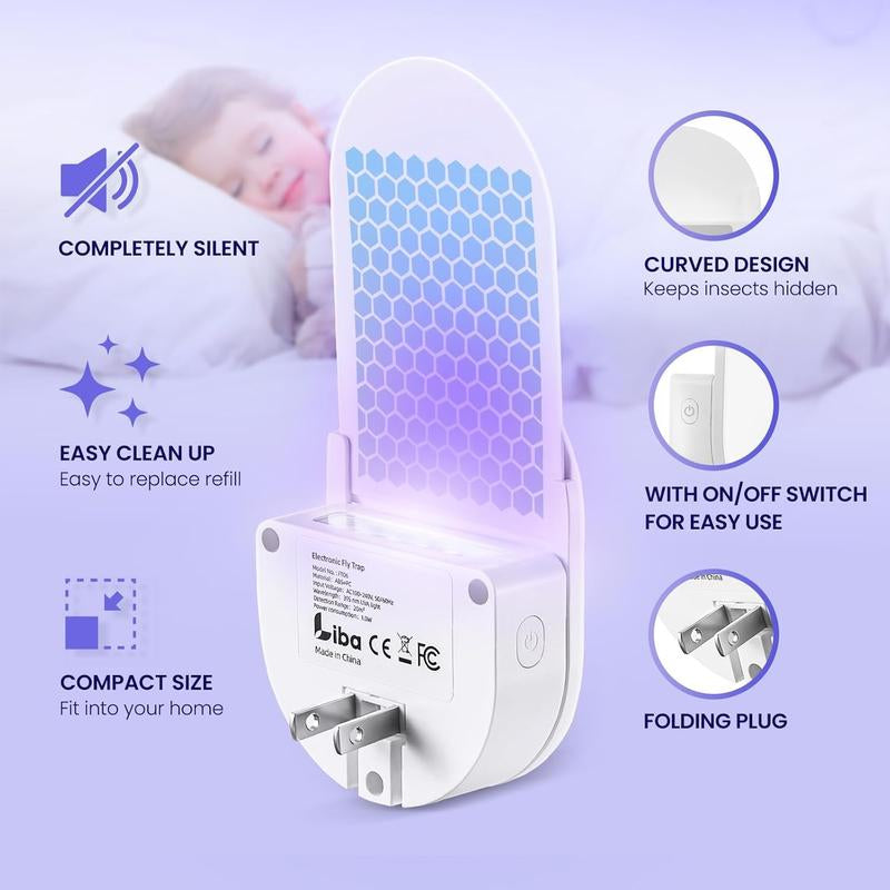 Liba Fly Trap Indoor for Home, Plug-In Flying Insect Trap for Flies, Fruit Flies, Moths, Gnats, Mosquito Killer Insect Catcher Fly Tapper with 3 Refill Glue Cards for Home Office Light Room