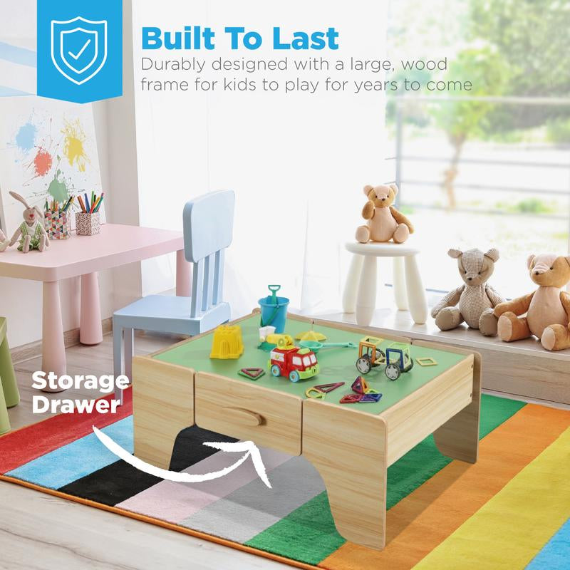 Wooden Train Set Table for Toddlers, 56Pc Multi-Activity Table for Kids W/Toy Storage Drawer & Reversible Top