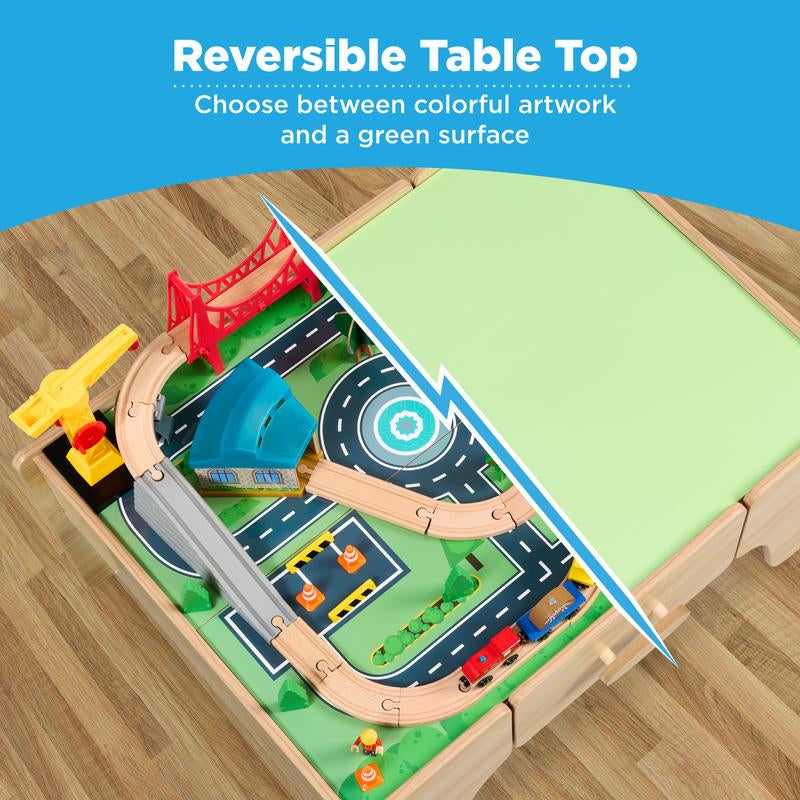 Wooden Train Set Table for Toddlers, 56Pc Multi-Activity Table for Kids W/Toy Storage Drawer & Reversible Top