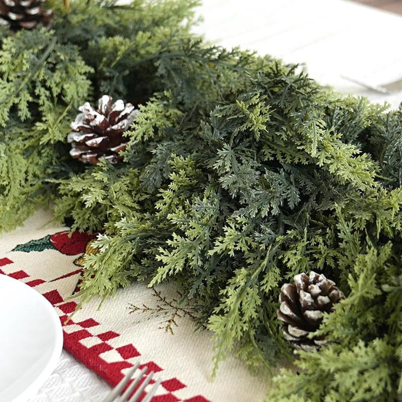 9FT 1Pcs Artificial Cedar Garlands, Real Touch Winter Cedar Garland, Green Artificial Greenery Pine Garland for Table, Mantle, Wall, Indoor, Outdoor Christmas Decorations