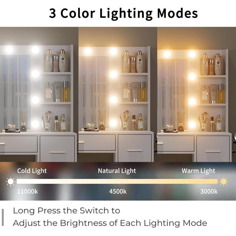 7 Drawers Vanity Desk with Mirror and Lights, Makeup Vanity Table with Power Outlets, 7 Drawers and 6 Open Shelves, 3 Lighting Modes and Adjustable Brightness, Dressing Table for Bedroom, White