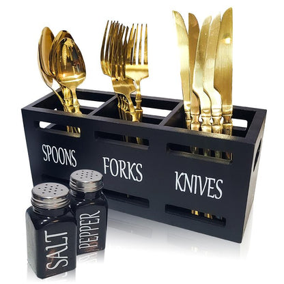 Wooden Utensil Holder - Utensil Caddy, Cutlery Organizer for Kitchen Countertop, Silverware Holder, Flatware Caddy for Party & Kitchen with Salt and Pepper Shakers