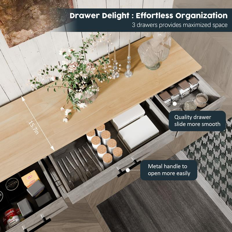 Walsunny Kitchen Buffet Sideboard Cabinet with 4 Doors and 3 Drawers, Entryway Adjustable Storage Pantry Shelf, Farmhouse Coffee Bar Cabinet for Kitchen, Grey