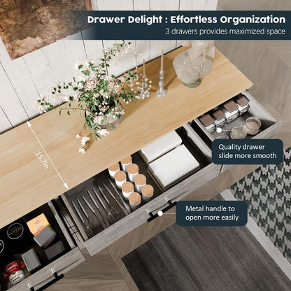 Walsunny Kitchen Buffet Sideboard Cabinet with 4 Doors and 3 Drawers, Entryway Adjustable Storage Pantry Shelf, Farmhouse Coffee Bar Cabinet for Kitchen, Grey