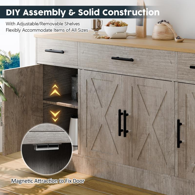 Walsunny Kitchen Buffet Sideboard Cabinet with 4 Doors and 3 Drawers, Entryway Adjustable Storage Pantry Shelf, Farmhouse Coffee Bar Cabinet for Kitchen, Grey