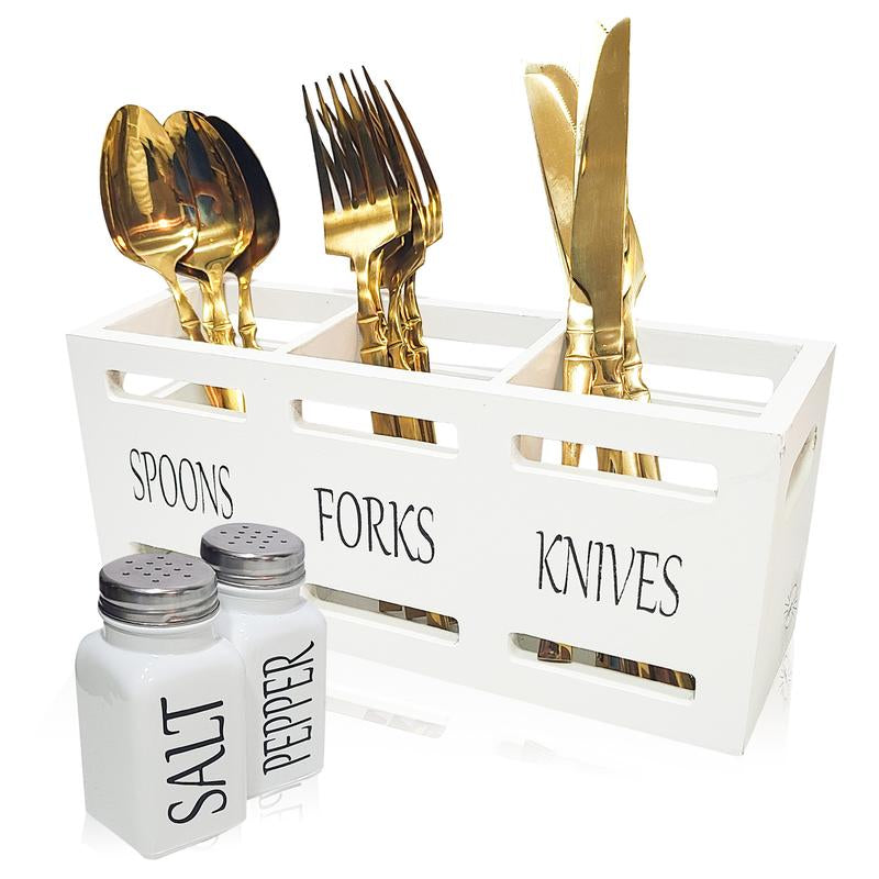 Wooden Utensil Holder - Utensil Caddy, Cutlery Organizer for Kitchen Countertop, Silverware Holder, Flatware Caddy for Party & Kitchen with Salt and Pepper Shakers
