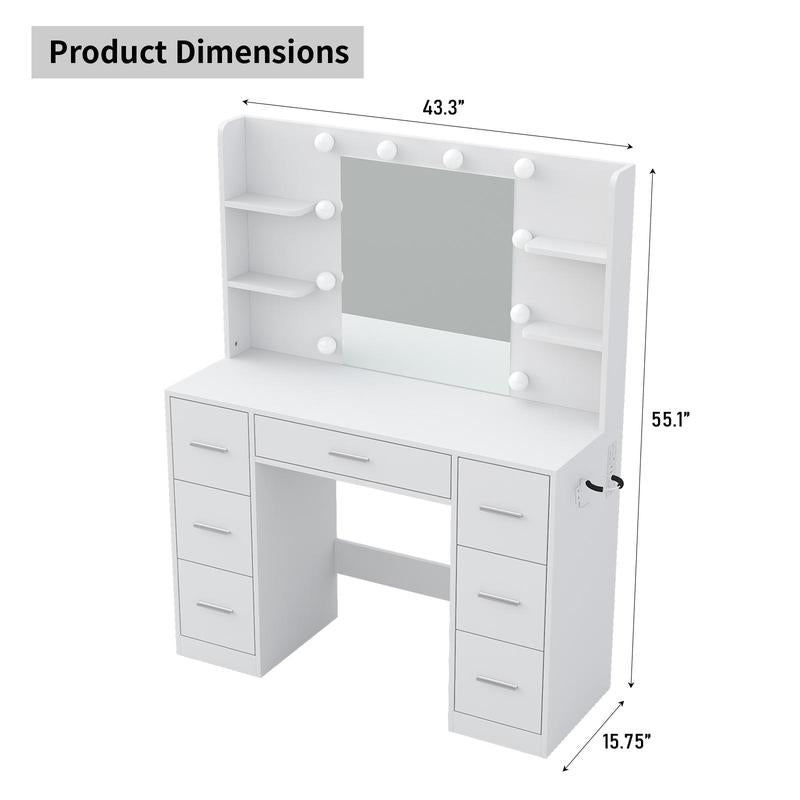 7 Drawers Vanity Desk with Mirror and Lights, Makeup Vanity Table with Power Outlets, 7 Drawers and 6 Open Shelves, 3 Lighting Modes and Adjustable Brightness, Dressing Table for Bedroom, White