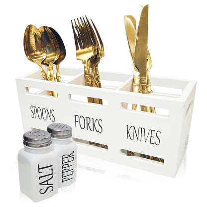 Wooden Utensil Holder - Utensil Caddy, Cutlery Organizer for Kitchen Countertop, Silverware Holder, Flatware Caddy for Party & Kitchen with Salt and Pepper Shakers