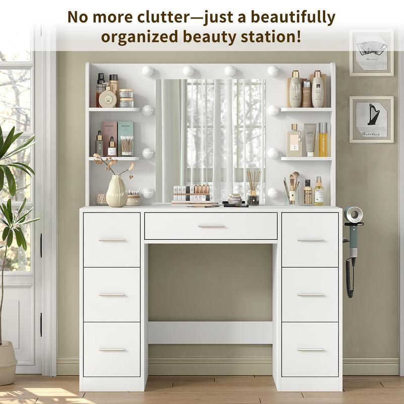 7 Drawers Vanity Desk with Mirror and Lights, Makeup Vanity Table with Power Outlets, 7 Drawers and 6 Open Shelves, 3 Lighting Modes and Adjustable Brightness, Dressing Table for Bedroom, White