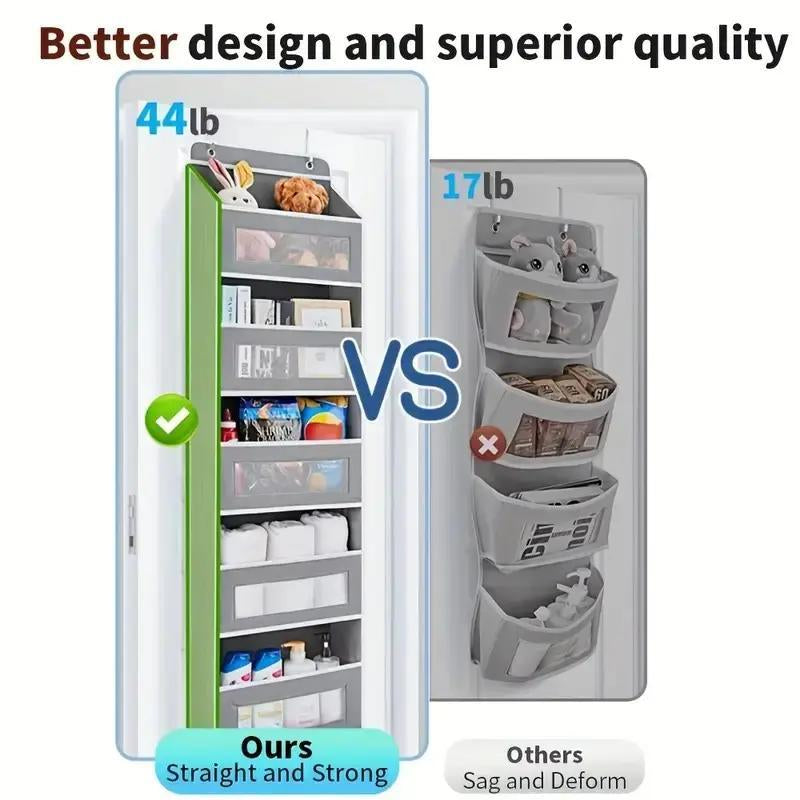 Over the Door Hanging Organizer, Heavy Duty 5-Tier Storage Rack with 10 Large Clear & Mesh Pockets, Space Saving Anti-Tilt Design for Bedroom, Bathroom, Nursery, Dorm, Closet, Grey