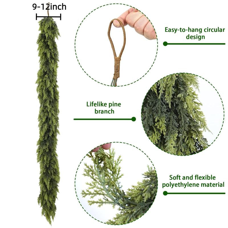 9FT 1Pcs Artificial Cedar Garlands, Real Touch Winter Cedar Garland, Green Artificial Greenery Pine Garland for Table, Mantle, Wall, Indoor, Outdoor Christmas Decorations