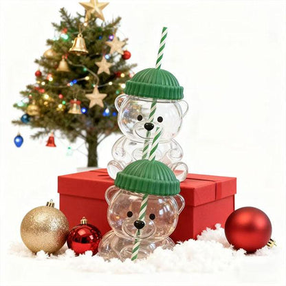 Holiday Bear Glass Cup with Straw, Cute Bear Cold Drink Cup, Festive Coffee & Beverage Glass, Adorable Bear Cup with Green Hat Lid, 2025 Seasonal Drinkware