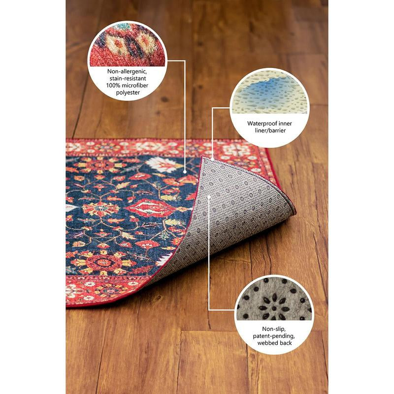 My Magic Carpet Ramage Indigo Machine Washable round Rug, 6X6 Stain Resistant, Non-Slip, Waterproof