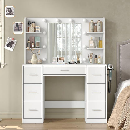 7 Drawers Vanity Desk with Mirror and Lights, Makeup Vanity Table with Power Outlets, 7 Drawers and 6 Open Shelves, 3 Lighting Modes and Adjustable Brightness, Dressing Table for Bedroom, White