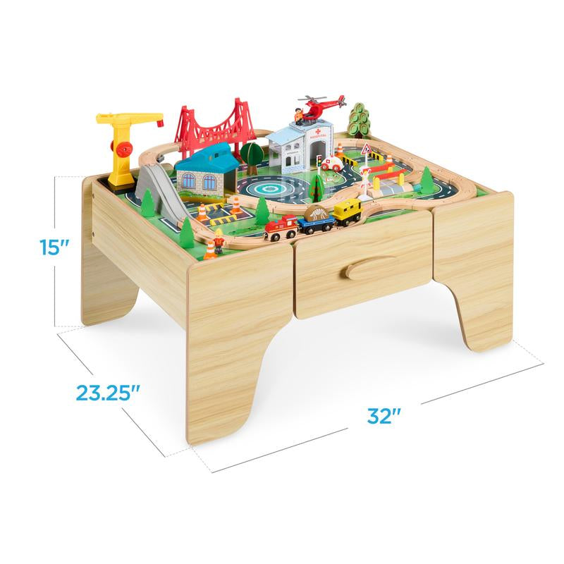 Wooden Train Set Table for Toddlers, 56Pc Multi-Activity Table for Kids W/Toy Storage Drawer & Reversible Top