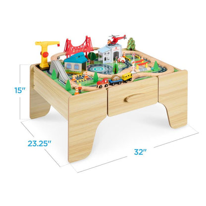 Wooden Train Set Table for Toddlers, 56Pc Multi-Activity Table for Kids W/Toy Storage Drawer & Reversible Top