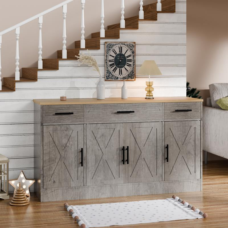 Walsunny Kitchen Buffet Sideboard Cabinet with 4 Doors and 3 Drawers, Entryway Adjustable Storage Pantry Shelf, Farmhouse Coffee Bar Cabinet for Kitchen, Grey