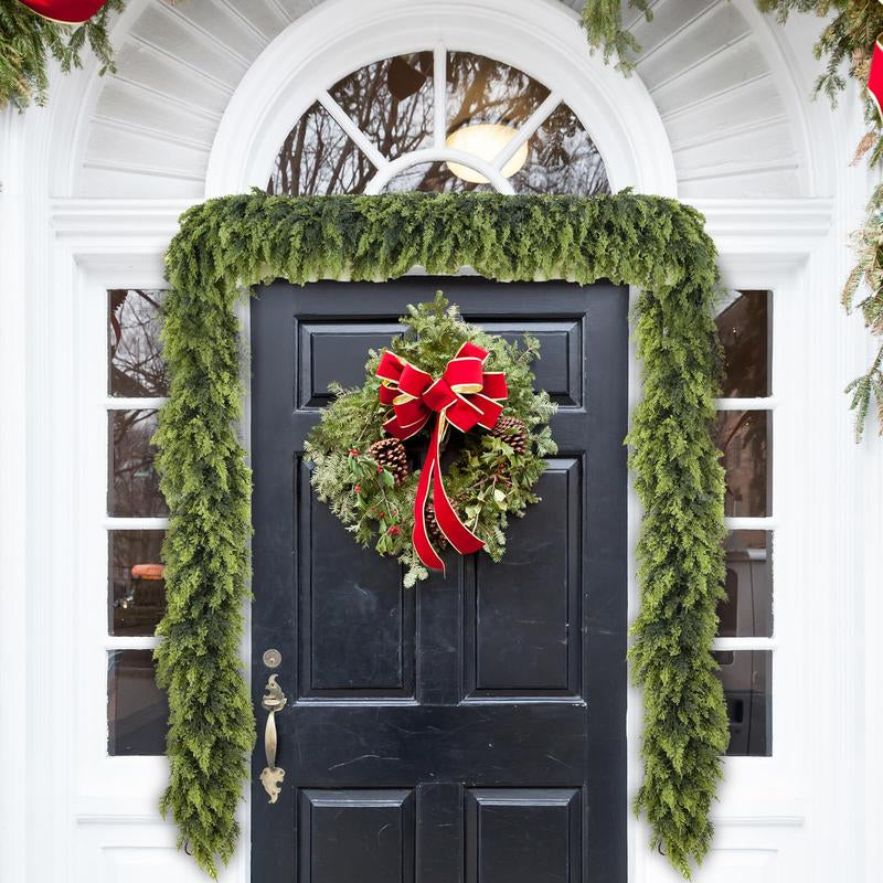 9FT 1Pcs Artificial Cedar Garlands, Real Touch Winter Cedar Garland, Green Artificial Greenery Pine Garland for Table, Mantle, Wall, Indoor, Outdoor Christmas Decorations