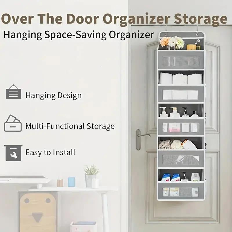 Over the Door Hanging Organizer, Heavy Duty 5-Tier Storage Rack with 10 Large Clear & Mesh Pockets, Space Saving Anti-Tilt Design for Bedroom, Bathroom, Nursery, Dorm, Closet, Grey