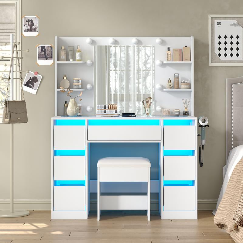 7 Drawers Vanity Desk with Mirror and Lights, Makeup Vanity Table with Power Outlets, 7 Drawers and 6 Open Shelves, 3 Lighting Modes and Adjustable Brightness, Dressing Table for Bedroom, White
