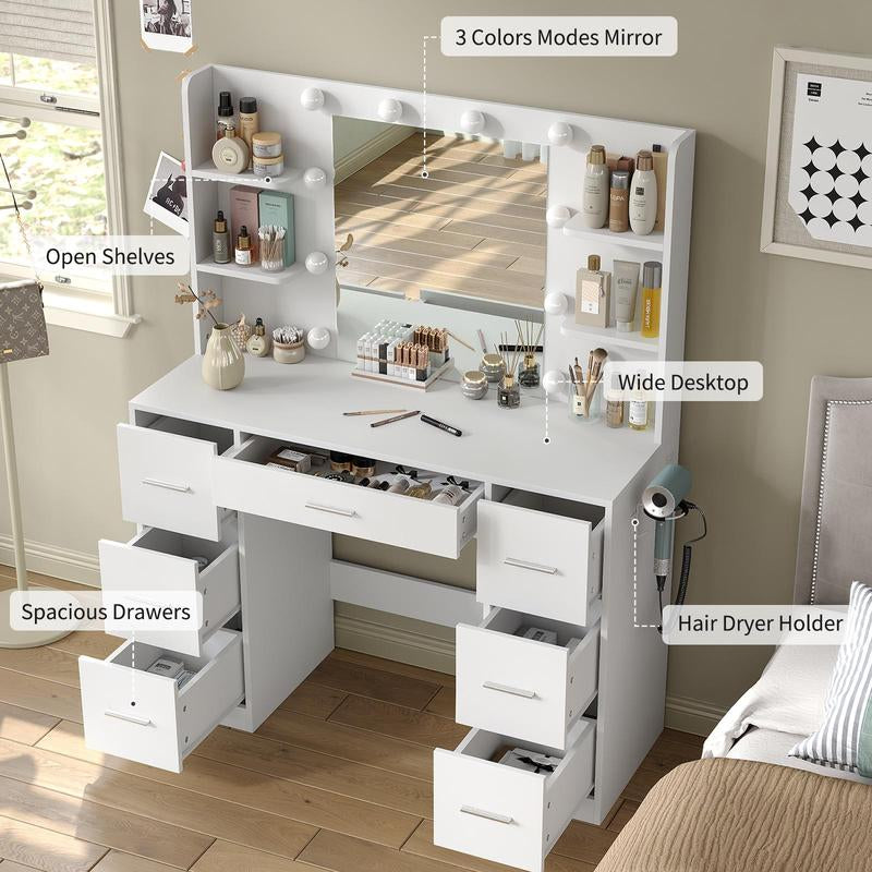 7 Drawers Vanity Desk with Mirror and Lights, Makeup Vanity Table with Power Outlets, 7 Drawers and 6 Open Shelves, 3 Lighting Modes and Adjustable Brightness, Dressing Table for Bedroom, White