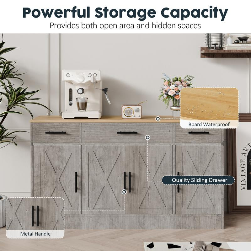 Walsunny Kitchen Buffet Sideboard Cabinet with 4 Doors and 3 Drawers, Entryway Adjustable Storage Pantry Shelf, Farmhouse Coffee Bar Cabinet for Kitchen, Grey