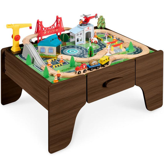 Wooden Train Set Table for Toddlers, 56Pc Multi-Activity Table for Kids W/Toy Storage Drawer & Reversible Top