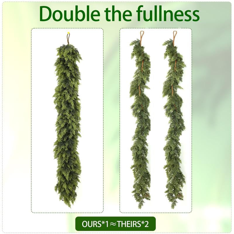 9FT 1Pcs Artificial Cedar Garlands, Real Touch Winter Cedar Garland, Green Artificial Greenery Pine Garland for Table, Mantle, Wall, Indoor, Outdoor Christmas Decorations