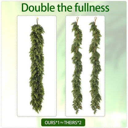 9FT 1Pcs Artificial Cedar Garlands, Real Touch Winter Cedar Garland, Green Artificial Greenery Pine Garland for Table, Mantle, Wall, Indoor, Outdoor Christmas Decorations