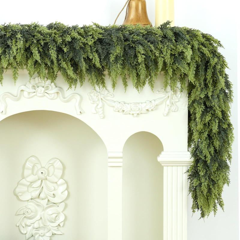 9FT 1Pcs Artificial Cedar Garlands, Real Touch Winter Cedar Garland, Green Artificial Greenery Pine Garland for Table, Mantle, Wall, Indoor, Outdoor Christmas Decorations