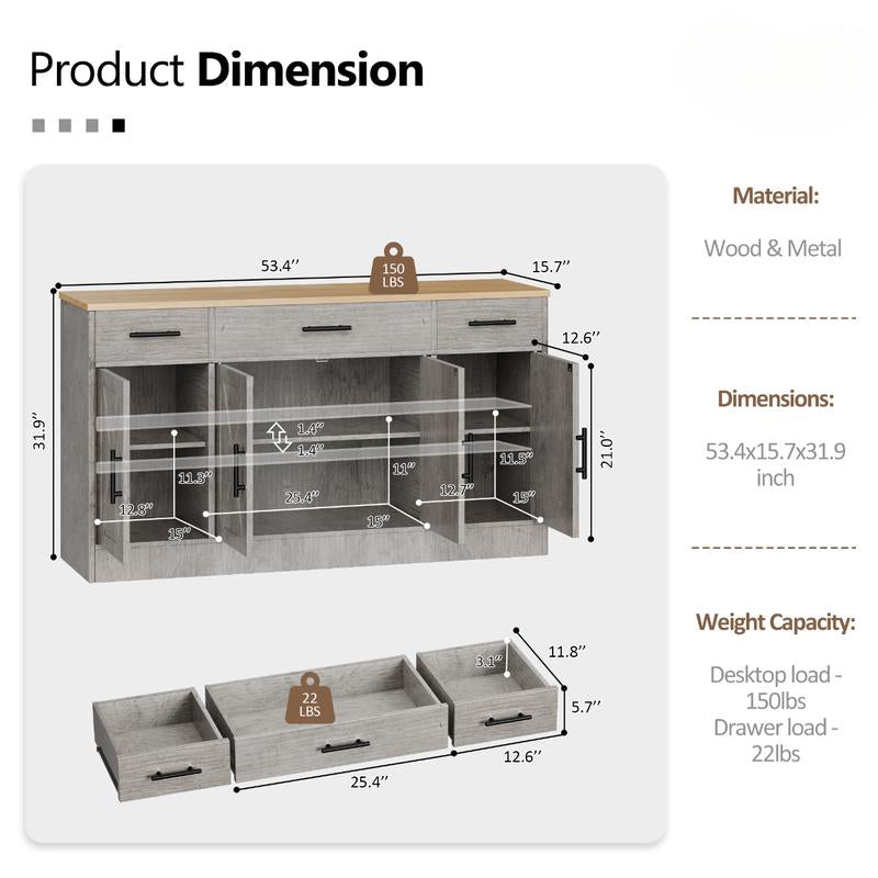 Walsunny Kitchen Buffet Sideboard Cabinet with 4 Doors and 3 Drawers, Entryway Adjustable Storage Pantry Shelf, Farmhouse Coffee Bar Cabinet for Kitchen, Grey