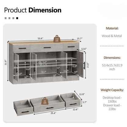 Walsunny Kitchen Buffet Sideboard Cabinet with 4 Doors and 3 Drawers, Entryway Adjustable Storage Pantry Shelf, Farmhouse Coffee Bar Cabinet for Kitchen, Grey