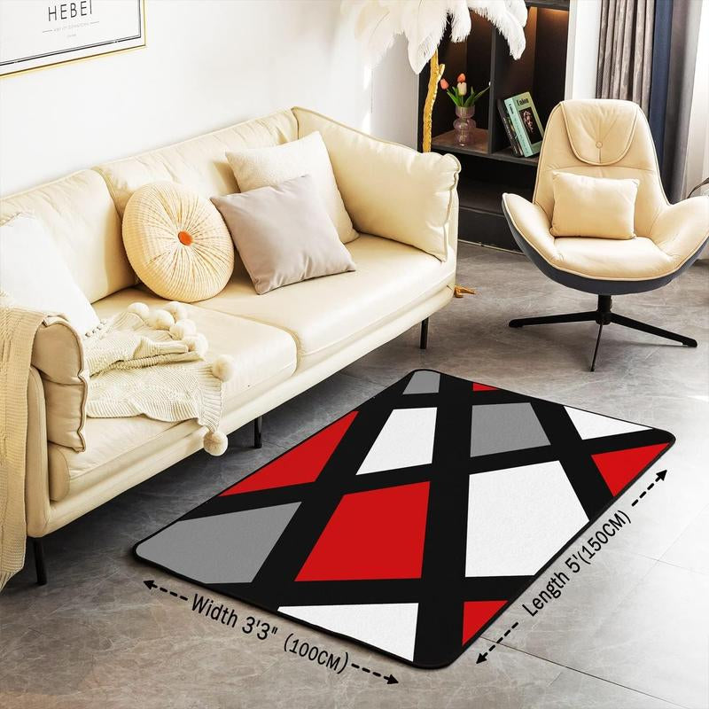 Area Rug,Geometric Strip Lines Accent Rug for Home Living Room Decor,Reversible Modern Abstract Plaid Black White Grey Red Decorative Carpet