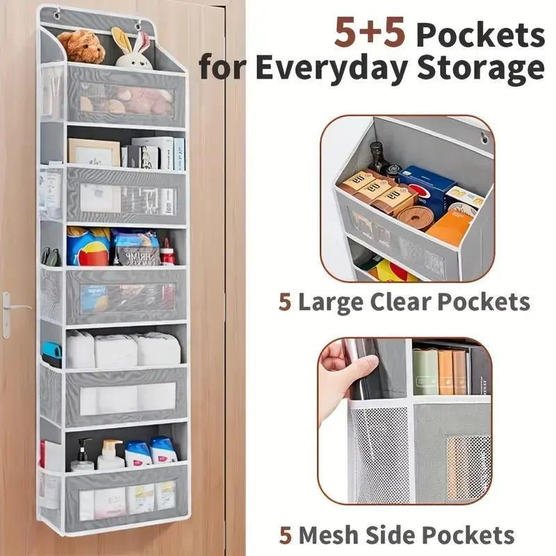 Over the Door Hanging Organizer, Heavy Duty 5-Tier Storage Rack with 10 Large Clear & Mesh Pockets, Space Saving Anti-Tilt Design for Bedroom, Bathroom, Nursery, Dorm, Closet, Grey