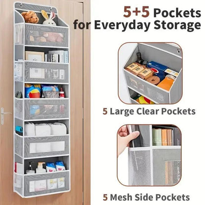 Over the Door Hanging Organizer, Heavy Duty 5-Tier Storage Rack with 10 Large Clear & Mesh Pockets, Space Saving Anti-Tilt Design for Bedroom, Bathroom, Nursery, Dorm, Closet, Grey
