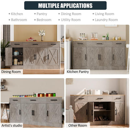 Walsunny Kitchen Buffet Sideboard Cabinet with 4 Doors and 3 Drawers, Entryway Adjustable Storage Pantry Shelf, Farmhouse Coffee Bar Cabinet for Kitchen, Grey
