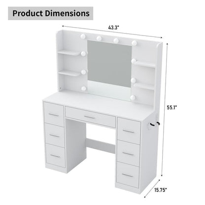 7 Drawers Vanity Desk with Mirror and Lights, Makeup Vanity Table with Power Outlets, 7 Drawers and 6 Open Shelves, 3 Lighting Modes and Adjustable Brightness, Dressing Table for Bedroom, White